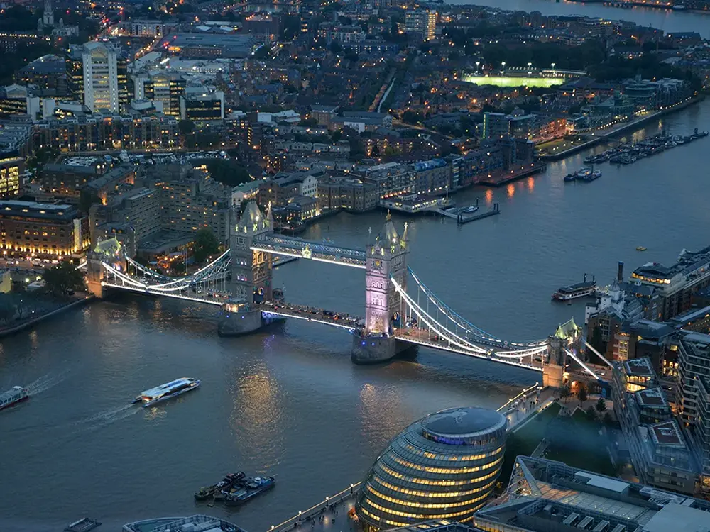 aerial view of london tower bridge at dusk